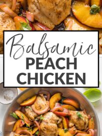 This Balsamic Peach Chicken is an outstanding meal to enjoy with fresh summer stone fruit, a simple glaze, and fresh basil. It's easy to make in one skillet in about 30 minutes yet looks and tastes positively gourmet.