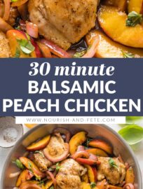 This Balsamic Peach Chicken is an outstanding meal to enjoy with fresh summer stone fruit, a simple glaze, and fresh basil. It's easy to make in one skillet in about 30 minutes yet looks and tastes positively gourmet.