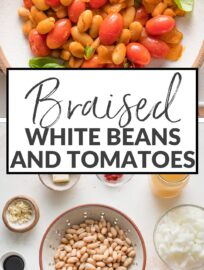 Braised White Beans with tomatoes and basil make a simple yet hearty and delicious weeknight dinner. We love to serve it in shallow bowls with garlic knots or sourdough toast and extra fresh herbs.
