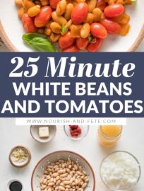 Braised White Beans with tomatoes and basil make a simple yet hearty and delicious weeknight dinner. We love to serve it in shallow bowls with garlic knots or sourdough toast and extra fresh herbs.