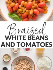 Braised White Beans with tomatoes and basil make a simple yet hearty and delicious weeknight dinner. We love to serve it in shallow bowls with garlic knots or sourdough toast and extra fresh herbs.