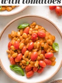 Braised White Beans with tomatoes and basil make a simple yet hearty and delicious weeknight dinner. We love to serve it in shallow bowls with garlic knots or sourdough toast and extra fresh herbs.