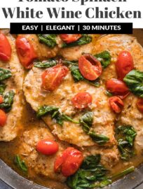 This delicious white wine chicken with spinach and tomatoes is easy, elegant, and irresistible. We love the tender chicken, colorful vegetables, and light yet buttery sauce. Best of all, it's done in about 30 minutes.