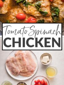 This delicious white wine chicken with spinach and tomatoes is easy, elegant, and irresistible. We love the tender chicken, colorful vegetables, and light yet buttery sauce. Best of all, it's done in about 30 minutes.