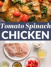 This delicious white wine chicken with spinach and tomatoes is easy, elegant, and irresistible. We love the tender chicken, colorful vegetables, and light yet buttery sauce. Best of all, it's done in about 30 minutes.