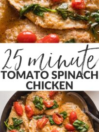 This delicious white wine chicken with spinach and tomatoes is easy, elegant, and irresistible. We love the tender chicken, colorful vegetables, and light yet buttery sauce. Best of all, it's done in about 30 minutes.