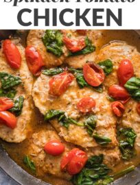 This delicious white wine chicken with spinach and tomatoes is easy, elegant, and irresistible. We love the tender chicken, colorful vegetables, and light yet buttery sauce. Best of all, it's done in about 30 minutes.