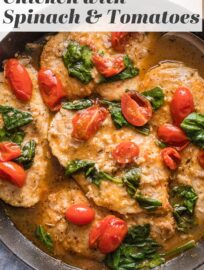 This delicious white wine chicken with spinach and tomatoes is easy, elegant, and irresistible. We love the tender chicken, colorful vegetables, and light yet buttery sauce. Best of all, it's done in about 30 minutes.