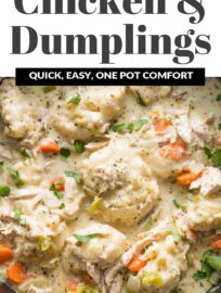 A pot of this easy and delicious chicken and dumplings recipe is pure comfort food perfection. It's a creamy chicken stew loaded with tender vegetables and fluffy dumplings that are made from scratch in no time at all.