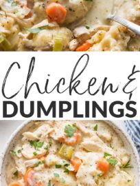 A pot of this easy and delicious chicken and dumplings recipe is pure comfort food perfection. It's a creamy chicken stew loaded with tender vegetables and fluffy dumplings that are made from scratch in no time at all.