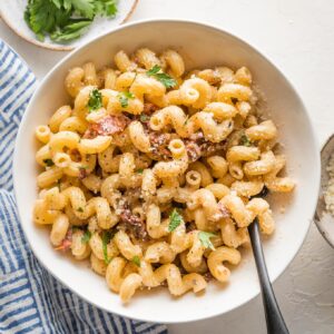 Small white bowl filled with a serving of cavatappi pasta in a light cream sauce with sun-dried tomatoes, Parmesan, and a garnish of fresh parsley.