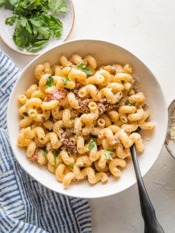 Small white bowl filled with a serving of cavatappi pasta in a light cream sauce with sun-dried tomatoes, Parmesan, and a garnish of fresh parsley.
