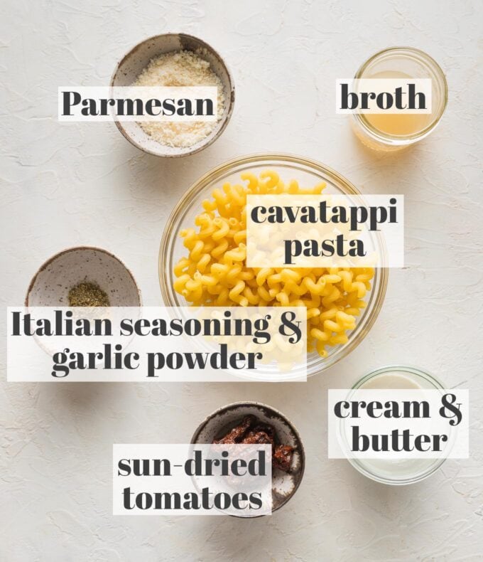 Labeled overhead photo of cavatappi pasta, grated Parmesan, cream, butter, broth, sun-dried tomatoes, Italian seasoning, and garlic powder in prep bowls and ready to cook.