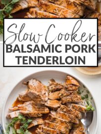 Pork tenderloin cooked with a balsamic glaze, sliced into medallions, and presented on a platter with a garnish of fresh oregano.