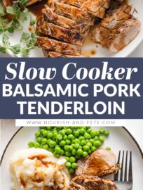 Pork tenderloin cooked with a balsamic glaze, sliced into medallions, and presented on a platter with a garnish of fresh oregano.