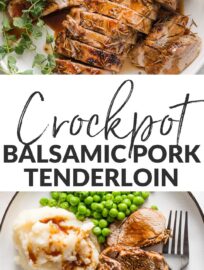 Pork tenderloin cooked with a balsamic glaze, sliced into medallions, and presented on a platter with a garnish of fresh oregano.