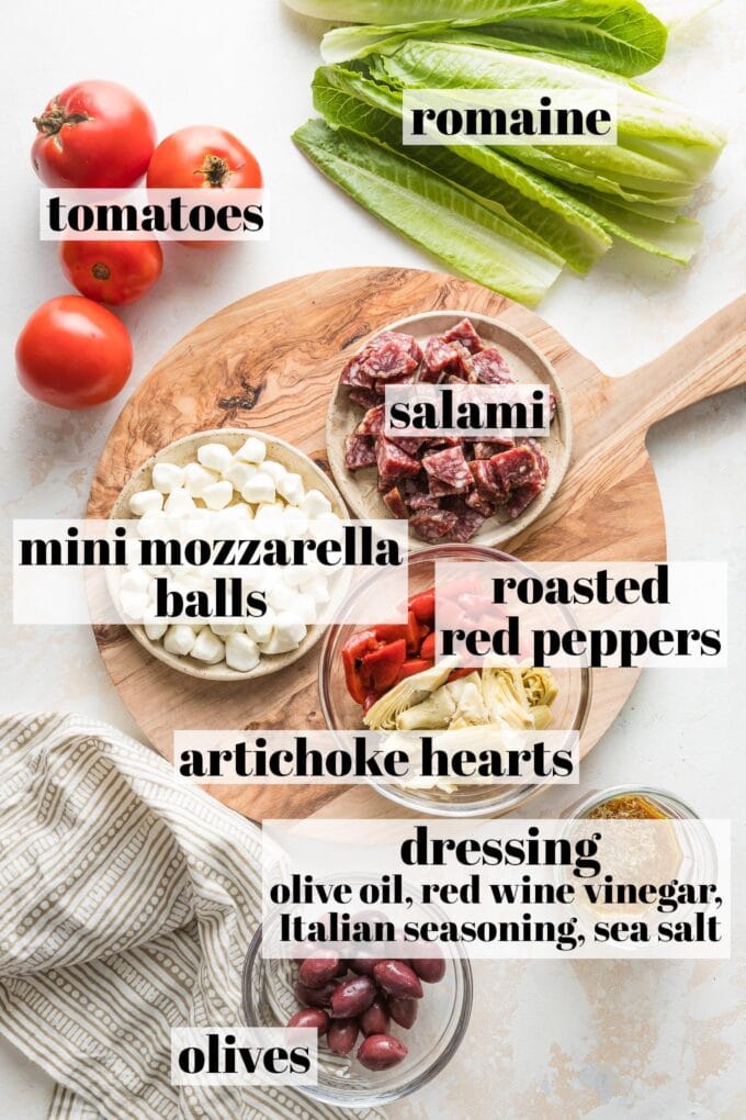 Labeled overhead image of Roma tomatoes, romaine hearts, chopped dry salami, mozzarella pearls, roasted red peppers, quartered artichoke hearts, Kalamata olives, and a simple salad dressing of olive oil, red wine vinegar, Italian seasoning, and sea salt, all in prep bowls and ready to mix.