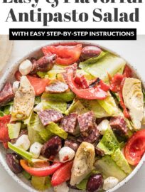 Re-imagine a classic antipasto tray as a flavor-packed side: Antipasto Salad. This version has tangy salami, tender mozzarella pearls, juicy tomatoes, and a quick and easy homemade dressing to pull all the tasty Italian flavors together.