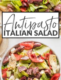 Re-imagine a classic antipasto tray as a flavor-packed side: Antipasto Salad. This version has tangy salami, tender mozzarella pearls, juicy tomatoes, and a quick and easy homemade dressing to pull all the tasty Italian flavors together.