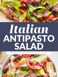 Re-imagine a classic antipasto tray as a flavor-packed side: Antipasto Salad. This version has tangy salami, tender mozzarella pearls, juicy tomatoes, and a quick and easy homemade dressing to pull all the tasty Italian flavors together.