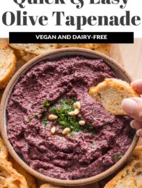 Bursting with flavor, this 10-minute Olive Tapenade is easy to make and irresistible as a dip for appetizers or as a spread to make your sandwiches gourmet. This recipe has no anchovies or capers and is naturally vegan, just full of salty, briny, Mediterranean taste.