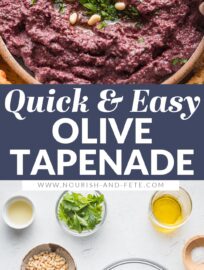 Bursting with flavor, this 10-minute Olive Tapenade is easy to make and irresistible as a dip for appetizers or as a spread to make your sandwiches gourmet. This recipe has no anchovies or capers and is naturally vegan, just full of salty, briny, Mediterranean taste.