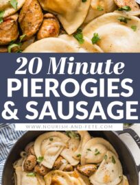 Conquer busy nights with this super easy skillet full of pierogies and sausage in a simple butter sauce. This can be done in about 20 minutes but is full of flavor and a quintessential crowd-pleaser. Serve with steamed veggies for an ultra-fast family dinner.