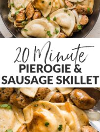 Conquer busy nights with this super easy skillet full of pierogies and sausage in a simple butter sauce. This can be done in about 20 minutes but is full of flavor and a quintessential crowd-pleaser. Serve with steamed veggies for an ultra-fast family dinner.