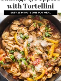 This cozy skillet of cheese tortellini with Italian sausage and tender bell peppers is a one-pot meal that can land on your table in less than 25 minutes. It's an easy way to transform simple store-bought ingredients into a delicious, flavorful dinner!