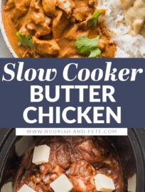 This easy Slow Cooker Butter Chicken recipe delivers a delicious dinner with simple prep and minimal dishes! Tender chicken thighs simmer all day in a savory, creamy, rich sauce. Serve with rice, naan, and your favorite veggies for a fun but fuss-free meal.