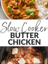 This easy Slow Cooker Butter Chicken recipe delivers a delicious dinner with simple prep and minimal dishes! Tender chicken thighs simmer all day in a savory, creamy, rich sauce. Serve with rice, naan, and your favorite veggies for a fun but fuss-free meal.