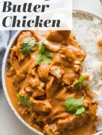 This easy Slow Cooker Butter Chicken recipe delivers a delicious dinner with simple prep and minimal dishes! Tender chicken thighs simmer all day in a savory, creamy, rich sauce. Serve with rice, naan, and your favorite veggies for a fun but fuss-free meal.