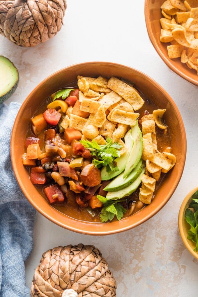 Serving bowl full of slow cooker pumpkin chili.