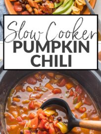 This easy Crockpot Pumpkin Chili is delicious and makes a perfect set-it-and-forget-it slow cooker meal. It's a vegetarian chili with a cozy mix of beans, pumpkin, bell peppers, sweet potato or butternut squash, and plenty of spices to ensure a flavorful bowl.