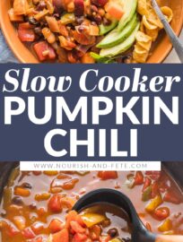 This easy Crockpot Pumpkin Chili is delicious and makes a perfect set-it-and-forget-it slow cooker meal. It's a vegetarian chili with a cozy mix of beans, pumpkin, bell peppers, sweet potato or butternut squash, and plenty of spices to ensure a flavorful bowl.