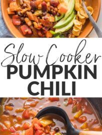 This easy Crockpot Pumpkin Chili is delicious and makes a perfect set-it-and-forget-it slow cooker meal. It's a vegetarian chili with a cozy mix of beans, pumpkin, bell peppers, sweet potato or butternut squash, and plenty of spices to ensure a flavorful bowl.