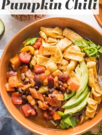 This easy Crockpot Pumpkin Chili is delicious and makes a perfect set-it-and-forget-it slow cooker meal. It's a vegetarian chili with a cozy mix of beans, pumpkin, bell peppers, sweet potato or butternut squash, and plenty of spices to ensure a flavorful bowl.