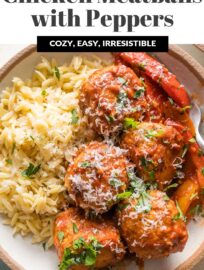 When I want a meal everyone will enjoy, Chicken Meatballs with Orzo and bell peppers is one of the first recipes that springs to mind. The meatballs are tender and packed with flavor, yet very kid-friendly, while the light tomato sauce is bursting with notes of garlic and cozy Italian herbs.