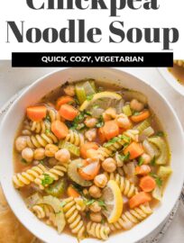 Filled with tender vegetables and creamy chickpeas, with a zip of fresh lemon and Italian herbs, this 25-minute Chickpea Noodle Soup is cozy, delicious, and super easy to make. This is the perfect vegetarian noodle soup to enjoy when the temperatures dip.