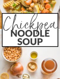 Filled with tender vegetables and creamy chickpeas, with a zip of fresh lemon and Italian herbs, this 25-minute Chickpea Noodle Soup is cozy, delicious, and super easy to make. This is the perfect vegetarian noodle soup to enjoy when the temperatures dip.