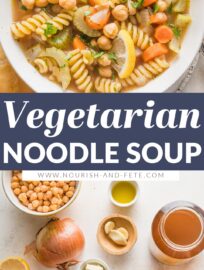 Filled with tender vegetables and creamy chickpeas, with a zip of fresh lemon and Italian herbs, this 25-minute Chickpea Noodle Soup is cozy, delicious, and super easy to make. This is the perfect vegetarian noodle soup to enjoy when the temperatures dip.