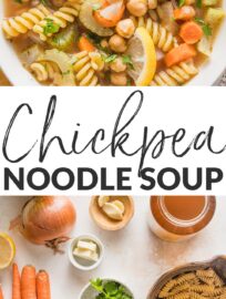Filled with tender vegetables and creamy chickpeas, with a zip of fresh lemon and Italian herbs, this 25-minute Chickpea Noodle Soup is cozy, delicious, and super easy to make. This is the perfect vegetarian noodle soup to enjoy when the temperatures dip.