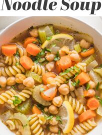 Filled with tender vegetables and creamy chickpeas, with a zip of fresh lemon and Italian herbs, this 25-minute Chickpea Noodle Soup is cozy, delicious, and super easy to make. This is the perfect vegetarian noodle soup to enjoy when the temperatures dip.