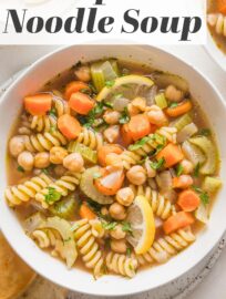 Filled with tender vegetables and creamy chickpeas, with a zip of fresh lemon and Italian herbs, this 25-minute Chickpea Noodle Soup is cozy, delicious, and super easy to make. This is the perfect vegetarian noodle soup to enjoy when the temperatures dip.