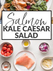 This Salmon Kale Caesar Salad is packed with tangy Parmesan, juicy tomatoes, tart red onions, crunchy croutons, and tender baked salmon for a delicious twist on a classic. We love this for a flavorful, feel-good lunch or light dinner.