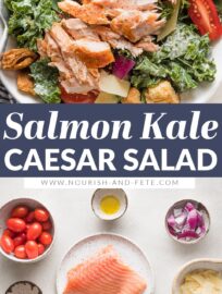 This Salmon Kale Caesar Salad is packed with tangy Parmesan, juicy tomatoes, tart red onions, crunchy croutons, and tender baked salmon for a delicious twist on a classic. We love this for a flavorful, feel-good lunch or light dinner.