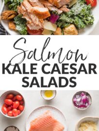 This Salmon Kale Caesar Salad is packed with tangy Parmesan, juicy tomatoes, tart red onions, crunchy croutons, and tender baked salmon for a delicious twist on a classic. We love this for a flavorful, feel-good lunch or light dinner.