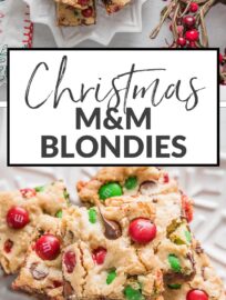 With a buttery brown sugar base and loads of cheerful red and green M&Ms, these Christmas Blondies are a surefire way to fast-track holiday cheer. They're soft, chewy, chocolate-packed, and best of all, easy to mix by hand in one bowl with minimal prep work.