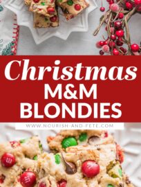 With a buttery brown sugar base and loads of cheerful red and green M&Ms, these Christmas Blondies are a surefire way to fast-track holiday cheer. They're soft, chewy, chocolate-packed, and best of all, easy to mix by hand in one bowl with minimal prep work.