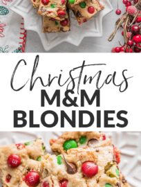 With a buttery brown sugar base and loads of cheerful red and green M&Ms, these Christmas Blondies are a surefire way to fast-track holiday cheer. They're soft, chewy, chocolate-packed, and best of all, easy to mix by hand in one bowl with minimal prep work.